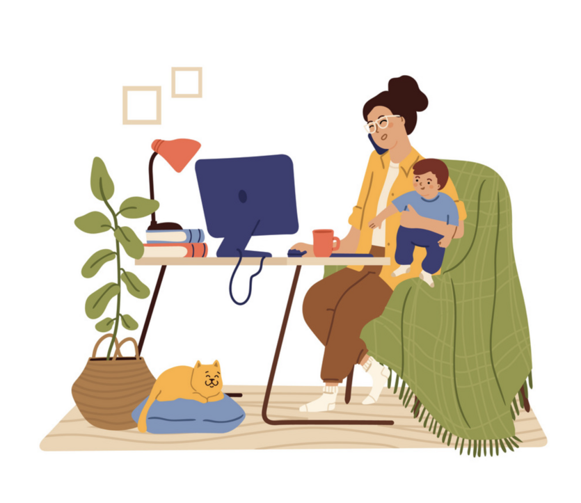 woman_holding_baby_with_cat_at_desk